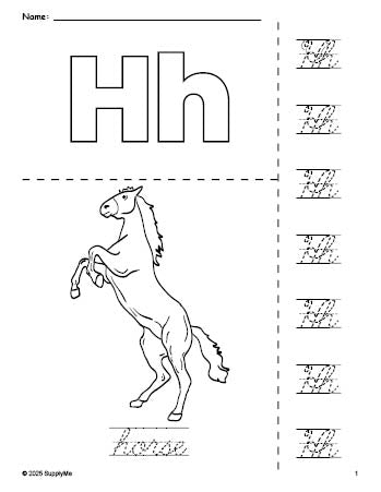 Free printable horse coloring page and cursive letter tracing worksheet, letter h worksheet for preschool, pre-k, and kindergarten, PDF