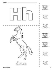 Free printable horse coloring page and cursive letter tracing worksheet, letter h worksheet for preschool, pre-k, and kindergarten, PDF