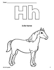 Free printable horse coloring page, letter h coloring page for preschool, pre-k, and kindergarten, PDF