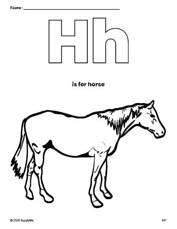 Free printable horse coloring page, letter h coloring page for preschool, pre-k, and kindergarten, PDF