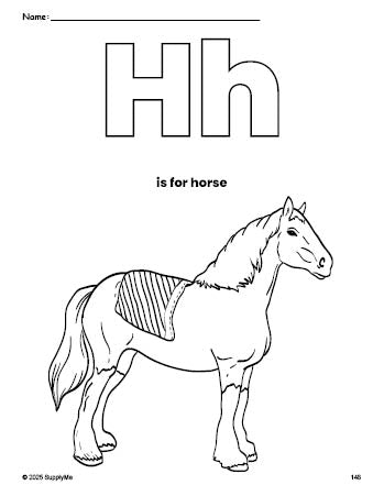 Free printable horse coloring page, letter h coloring page for preschool, pre-k, and kindergarten, PDF