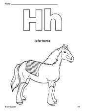 Free printable horse coloring page, letter h coloring page for preschool, pre-k, and kindergarten, PDF