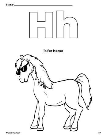 Free printable horse coloring page, letter h coloring page for preschool, pre-k, and kindergarten, PDF