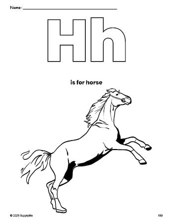 Free printable horse coloring page, letter h coloring page for preschool, pre-k, and kindergarten, PDF