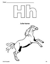 Free printable horse coloring page, letter h coloring page for preschool, pre-k, and kindergarten, PDF