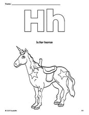 Free printable horse coloring page, letter h coloring page for preschool, pre-k, and kindergarten, PDF