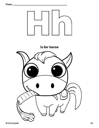 Free printable horse coloring page, letter h coloring page for preschool, pre-k, and kindergarten, PDF