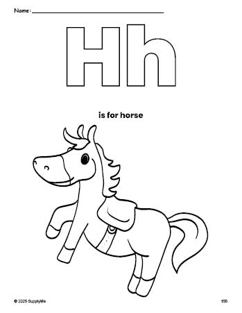 Free printable horse coloring page, letter h coloring page for preschool, pre-k, and kindergarten, PDF