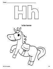 Free printable horse coloring page, letter h coloring page for preschool, pre-k, and kindergarten, PDF