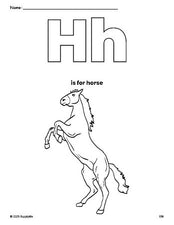 Free printable horse coloring page, letter h coloring page for preschool, pre-k, and kindergarten, PDF