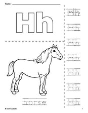 Free printable horse coloring page and letter tracing worksheet, letter h worksheet for preschool, pre-k, and kindergarten, PDF