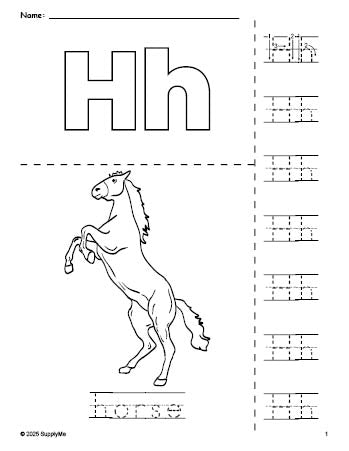 Free printable horse coloring page and letter tracing worksheet, letter h worksheet for preschool, pre-k, and kindergarten, PDF