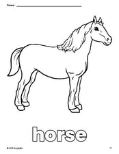 Free printable horse coloring page for preschool, pre-k, and kindergarten, PDF