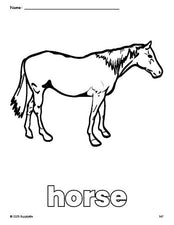 Free printable horse coloring page for preschool, pre-k, and kindergarten, PDF