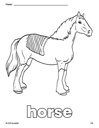 Free printable horse coloring page for preschool, pre-k, and kindergarten, PDF