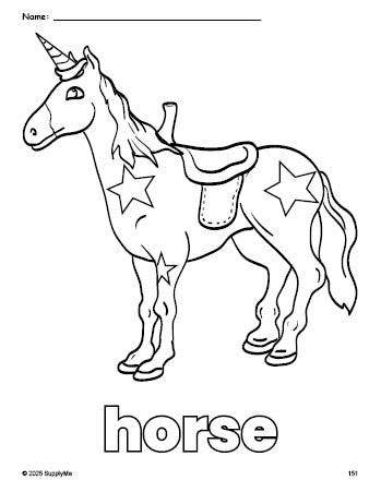 Free printable horse coloring page for preschool, pre-k, and kindergarten, PDF