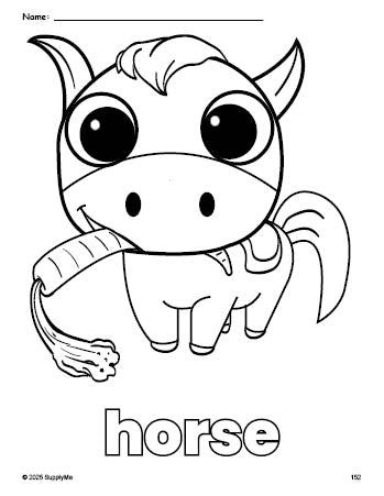 Free printable horse coloring page for preschool, pre-k, and kindergarten, PDF