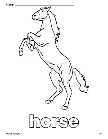 Free printable horse coloring page for preschool, pre-k, and kindergarten, PDF