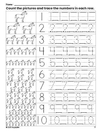 Free printable horse counting worksheet for preschool and pre-k with number tracing practice 1-10, PDF