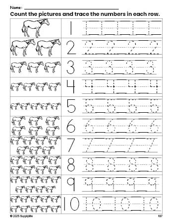 Free printable horse counting worksheet for preschool and pre-k with number tracing practice 1-10, PDF