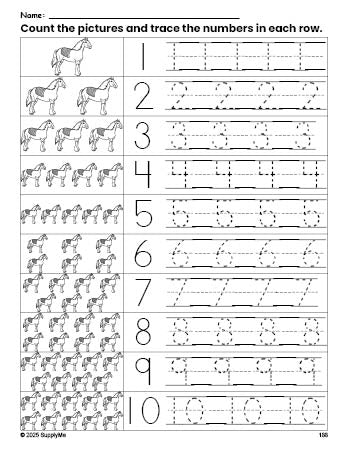 Free printable horse counting worksheet for preschool and pre-k with number tracing practice 1-10, PDF