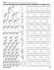 Free printable horse counting worksheet for preschool and pre-k with number tracing practice 1-10, PDF