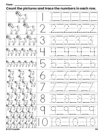 Free printable horse counting worksheet for preschool and pre-k with number tracing practice 1-10, PDF