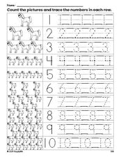 Free printable horse counting worksheet for preschool and pre-k with number tracing practice 1-10, PDF