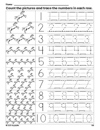 Free printable horse counting worksheet for preschool and pre-k with number tracing practice 1-10, PDF