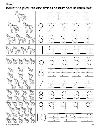 Free printable horse counting worksheet for preschool and pre-k with number tracing practice 1-10, PDF