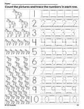 Free printable horse counting worksheet for preschool and pre-k with number tracing practice 1-10, PDF