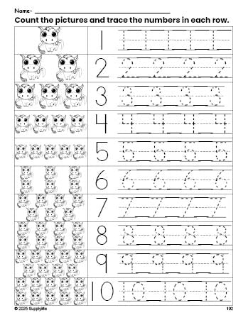 Free printable horse counting worksheet for preschool and pre-k with number tracing practice 1-10, PDF