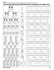 Free printable horse counting worksheet for preschool and pre-k with number tracing practice 1-10, PDF