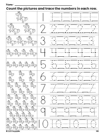 Free printable horse counting worksheet for preschool and pre-k with number tracing practice 1-10, PDF