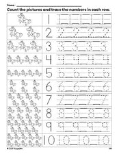 Free printable horse counting worksheet for preschool and pre-k with number tracing practice 1-10, PDF