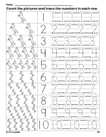 Free printable horse counting worksheet for preschool and pre-k with number tracing practice 1-10, PDF