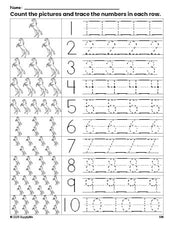 Free printable horse counting worksheet for preschool and pre-k with number tracing practice 1-10, PDF