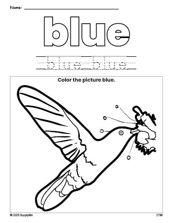 Free humming bird color blue coloring page and color worksheet, blue worksheet for preschoolers to learn colors, printable PDF