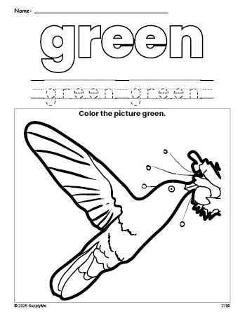 Free humming bird color green coloring page and color worksheet, green worksheet for preschoolers to learn colors, printable PDF