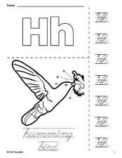 Free printable humming bird coloring page and cursive letter tracing worksheet, letter h worksheet for preschool, pre-k, and kindergarten, PDF