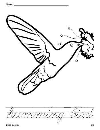 Free printable humming bird coloring page and cursive word tracing worksheet, perfect for preschool, pre-k, and kindergarten, PDF