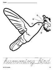 Free printable humming bird coloring page and cursive word tracing worksheet, perfect for preschool, pre-k, and kindergarten, PDF