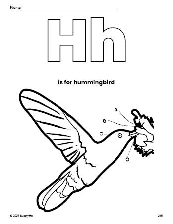 Free printable humming bird coloring page, letter h coloring page for preschool, pre-k, and kindergarten, PDF