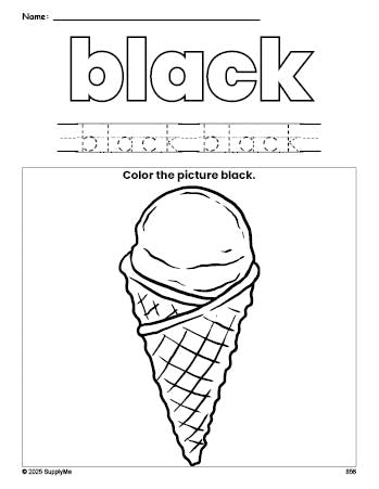 Free ice cream color black coloring page and color worksheet, black worksheet for preschoolers to learn colors, printable PDF