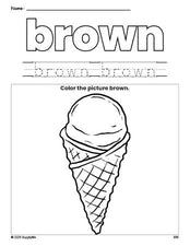 Free ice cream color brown coloring page and color worksheet, brown worksheet for preschoolers to learn colors, printable PDF