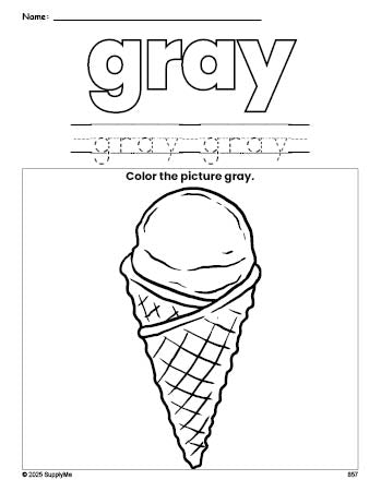 Free ice cream color gray coloring page and color worksheet, gray worksheet for preschoolers to learn colors, printable PDF