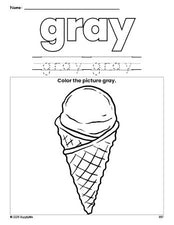 Free ice cream color gray coloring page and color worksheet, gray worksheet for preschoolers to learn colors, printable PDF