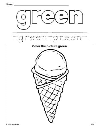 Free ice cream color green coloring page and color worksheet, green worksheet for preschoolers to learn colors, printable PDF