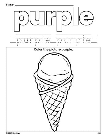 Free ice cream color purple coloring page and color worksheet, purple worksheet for preschoolers to learn colors, printable PDF