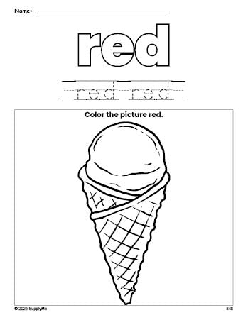 Free ice cream color red coloring page and color worksheet, red worksheet for preschoolers to learn colors, printable PDF